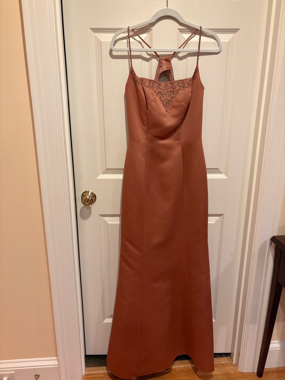 Satin Rust Orange Spaghetti-Strap Evening Dress